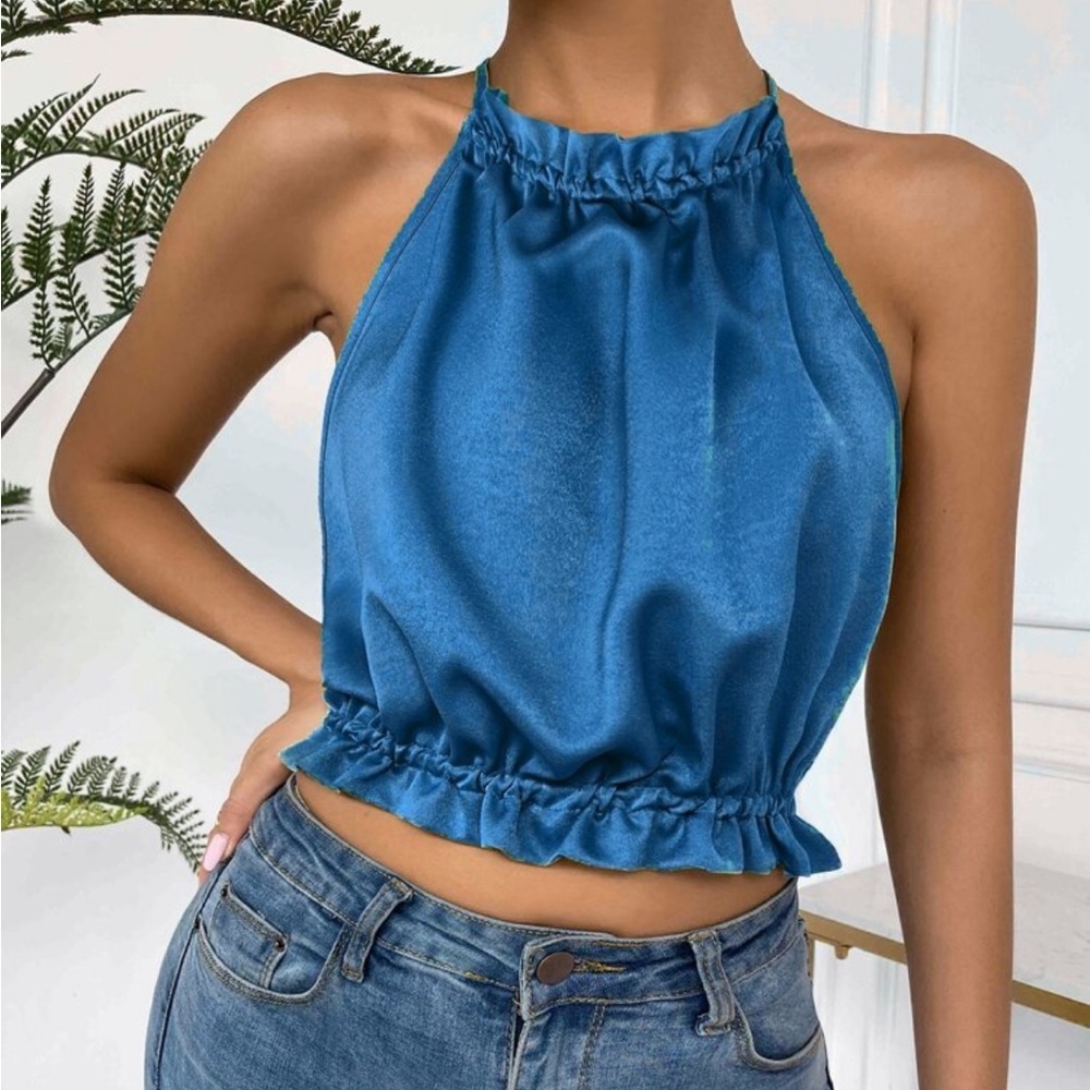 Ruffle Satin Open Back Toe Halter Top - Picture 9 of 14